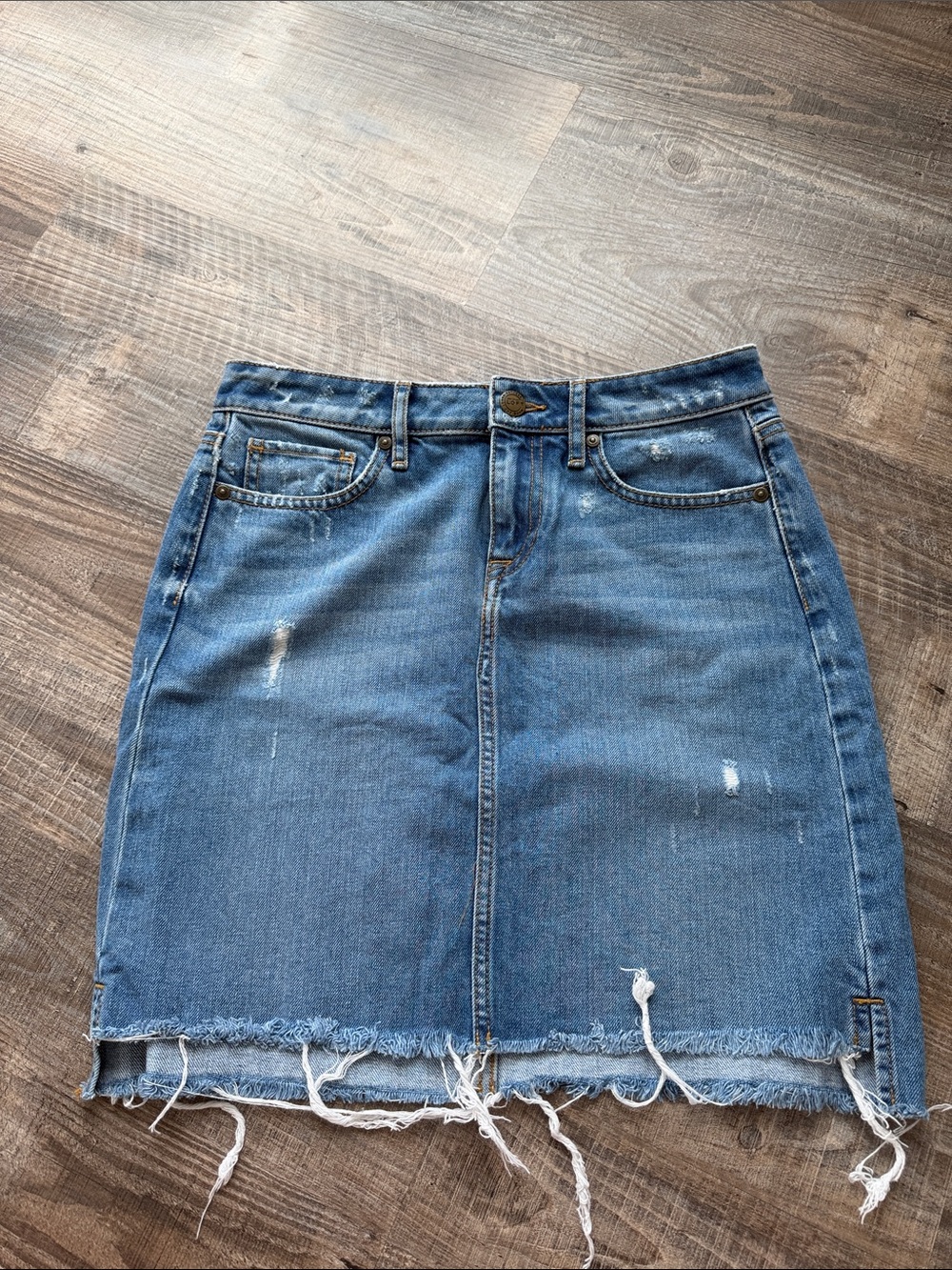 LOFT Blue Distressed Denim Mini Skirt with Frayed Hem